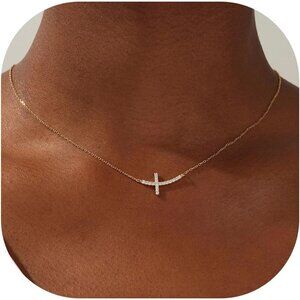 MONOZO Gold-Sideway Diamond Cross Necklace for Women，14K Gold Plated
